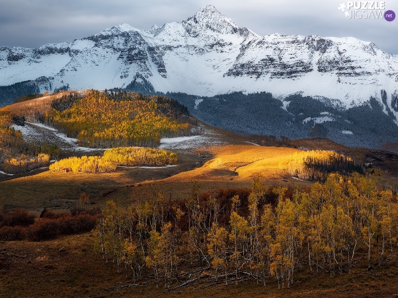autumn, Colorado, trees, rocky mountains, The United States, woods, viewes