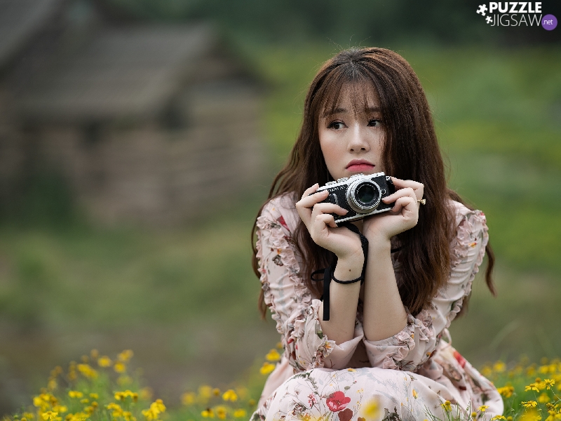 Asian, longhaired, Flowers, blur, Camera, Women
