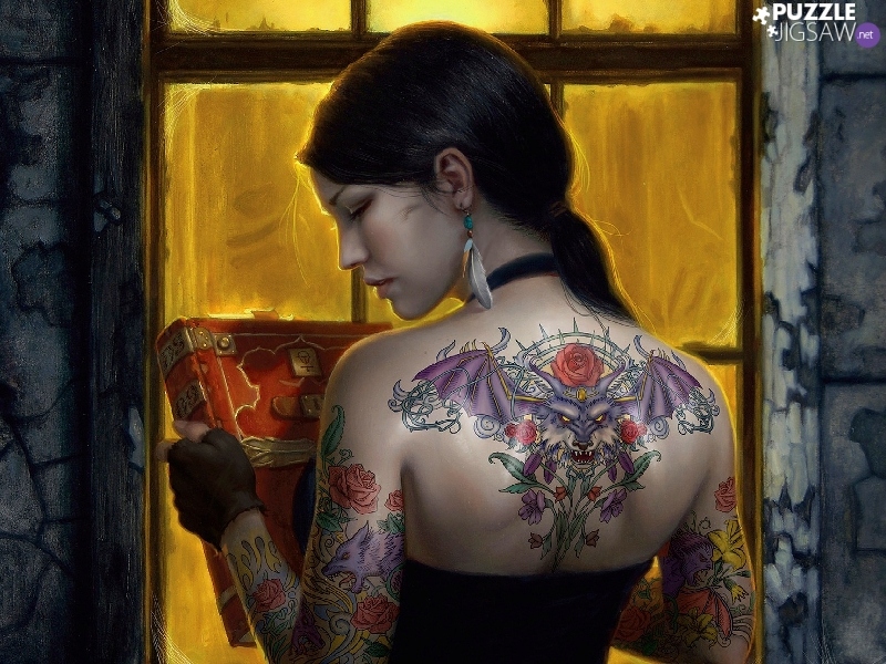 girl, tattoos, Book, ear-ring