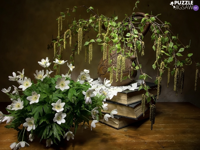 Anemones, composition, birch, Books, Twigs, Flowers