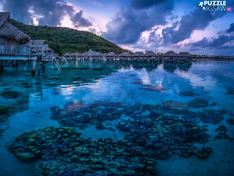 clouds, sea, French Polynesia, Pacific Ocean, Houses, Tahiti, France