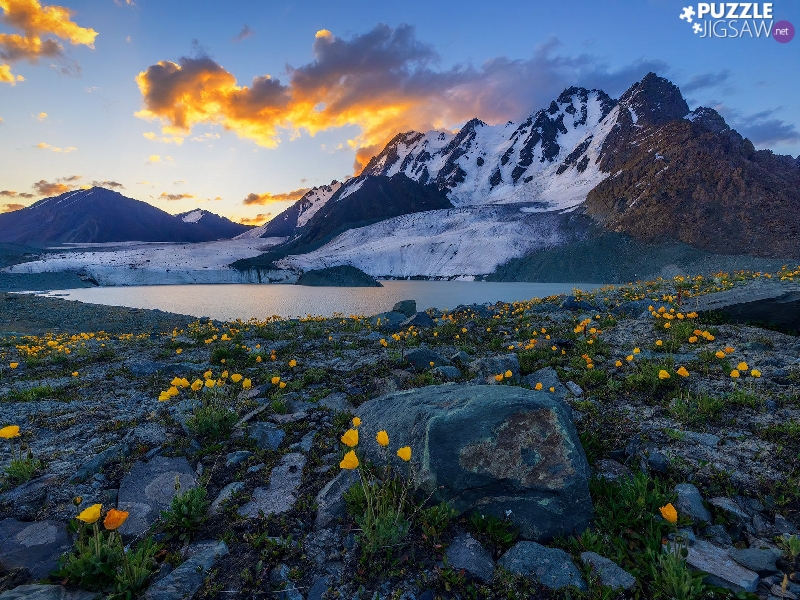 lake, Mountains, Flowers, clouds, Stones, snow