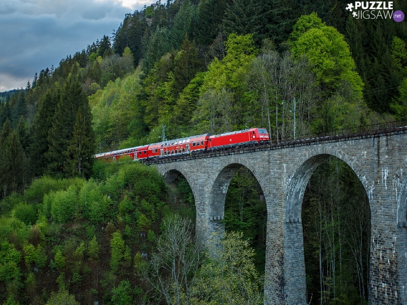 bridge, slope, trees, Red, viewes, mountains, green ones, Train, overpass, forest