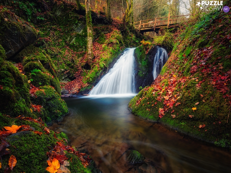 waterfall, bridge, Leaf, hills, forest, River, autumn
