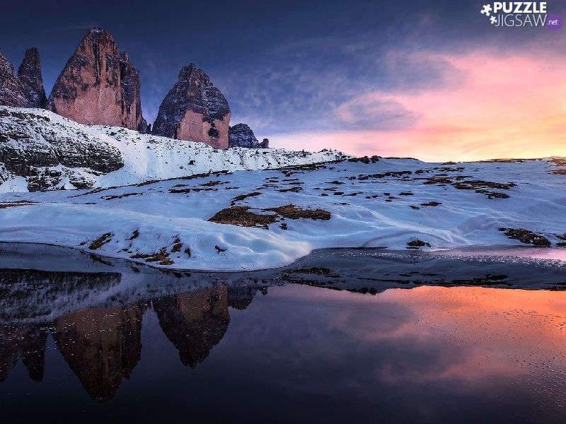 Three Peaks, Mountains, Sunrise, Dolomites, winter, Italy, lake