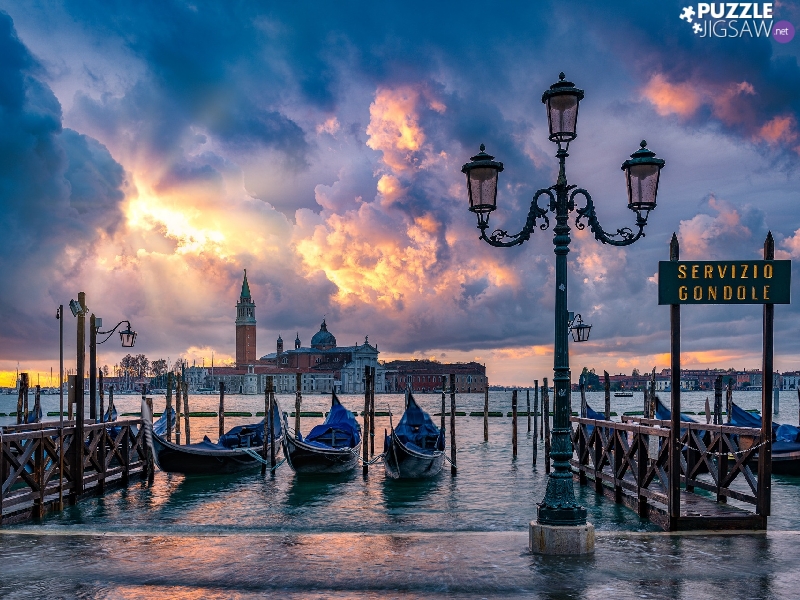 Lighthouse, Strait Grand Canal, Harbour, Gondolas, Venice, Italy, Basilica of San Giorgio Maggiore, clouds, Boats
