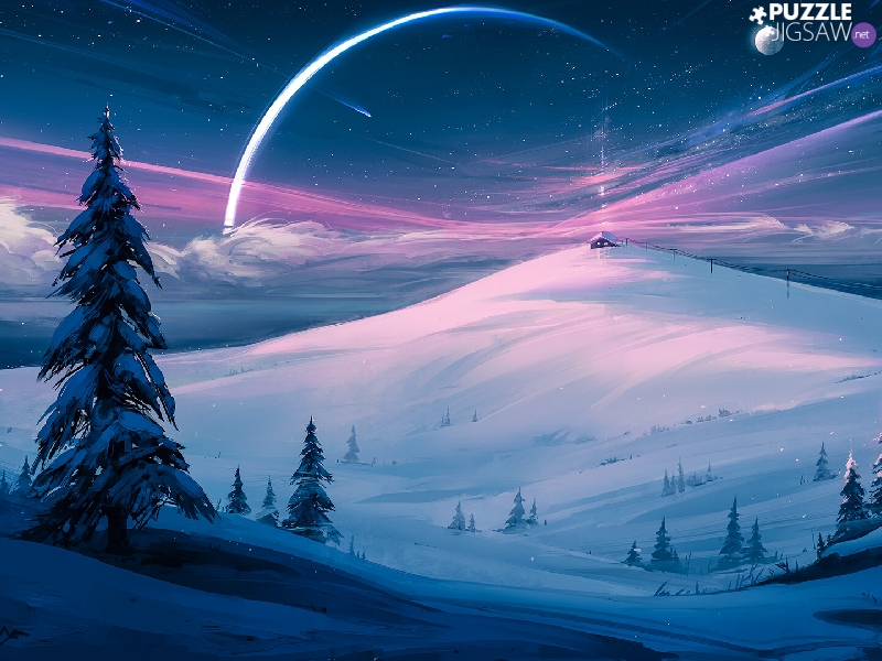 moon, winter, house, Mountains, graphics, Spruces, Sky