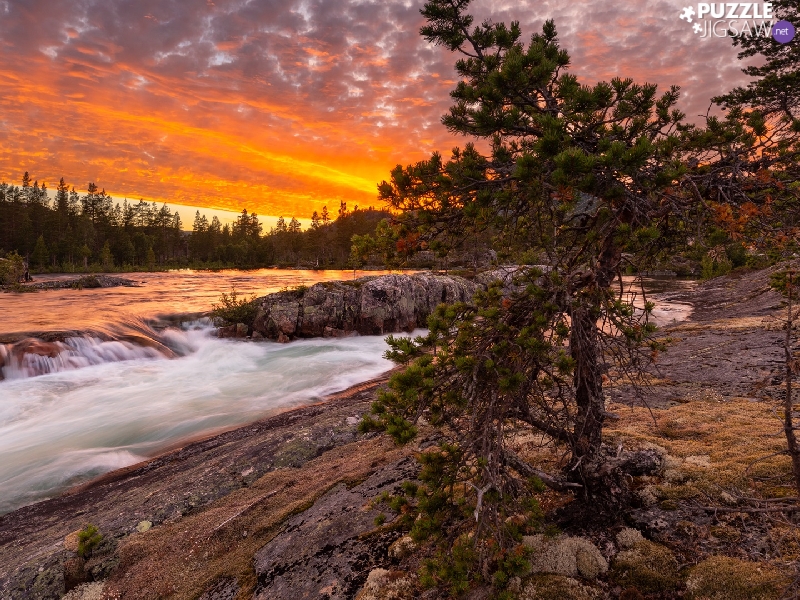 viewes, River, clouds, Norway, Great Sunsets, trees