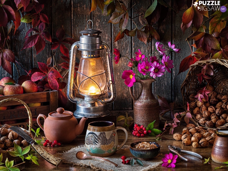 Lamp, Leaf, apples, Flowers, basket, autumn, composition, nuts