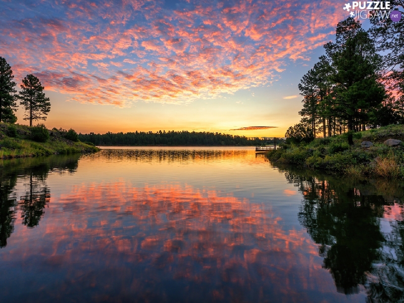 trees, Sunrise, clouds, reflection, viewes, lake