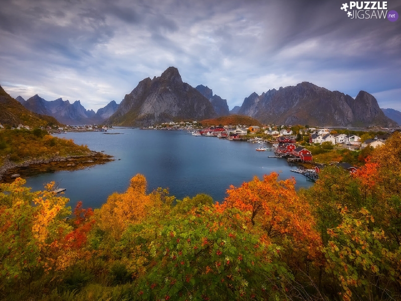sea, Norway, Mountains, Islands, viewes, Houses, autumn, trees, Lofoten