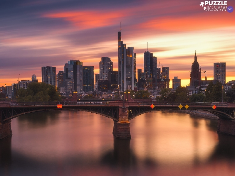 Frankfurt am Main, River Men, Great Sunsets, evening, bridge, skyscrapers, Germany
