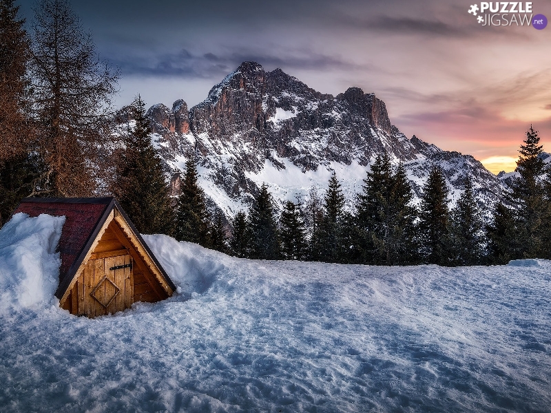 cottage, Mountains, viewes, Wooden, winter, trees, Great Sunsets