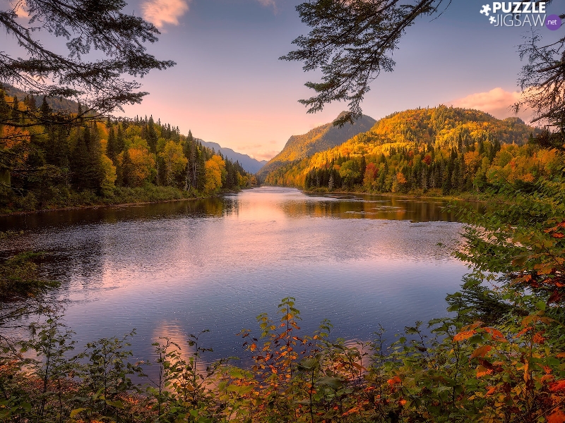 Mountains, lake, Bush, autumn, viewes, Canada, Quebec, trees