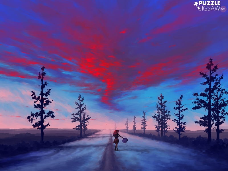 viewes, Way, Red, trees, girl, Sky, clouds