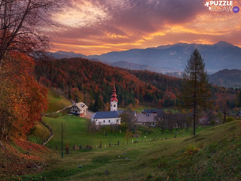 Church, Mountains, trees, Valley, Slovenia, autumn, viewes