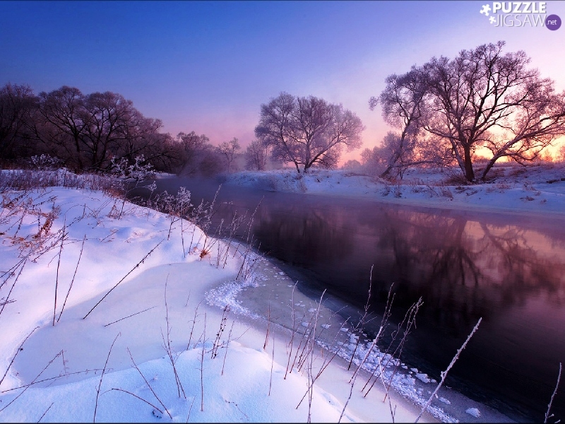 River, west, viewes, snow, trees, sun