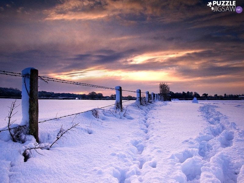 field, clouds, winter, fence