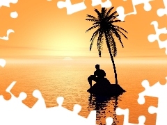 a man, sea, west, sun, Palm, Islet