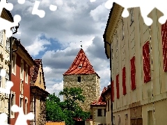 Houses, Prague, acacia, clouds, Street, Sights