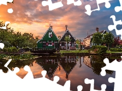 Zaanse Schans Open Air Museum, trees, Great Sunsets, viewes, Houses, River Zaan, Netherlands