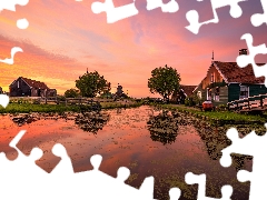 Sky, viewes, Sunrise, Zaanse Schans Open Air Museum, canal, Zaandam, trees, Houses, Netherlands, bridge, River, Windmill