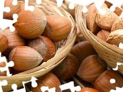 Baskets, hazelnuts, almonds, nuts