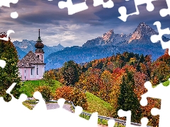 trees, Church, Way, viewes, Salzburg Slate Alps, Germany, Bavaria, autumn, Sanctuary of Maria Gern, Berchtesgaden, Mountains