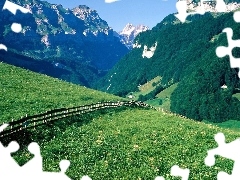 Meadow, Mountains, Alps, Switzerland, fence, forest