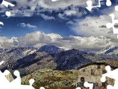 Alps, Switzerland, Mountains, clouds, house