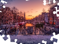 Amsterdam, Netherlands, canal, Houses, viewes, winter, Bikes, trees, Sunrise