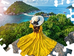 rocks, Hat, dress, Islands, trees, Women, Yellow Honda, Thailand, Andaman Sea, viewes