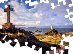 sea, Cross, Llanddwyn Anglesey, wales, Island, Lighthouses