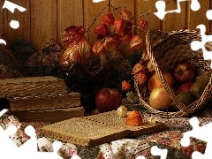 apples, autumn, basket, driers, truck concrete mixer, composition