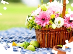 apples, basket, Flowers