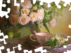 cup, Arts, lace, rouge, bouquet, apples, napkin