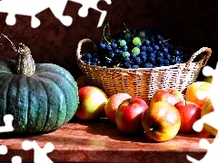 pumpkin, Grapes, apples, basket