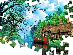 ark, picture, River, house, Flowers
