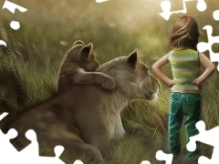 girl, little doggies, Art, Lioness