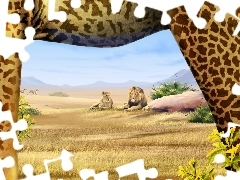 Lion, giraffe, Art, Lioness