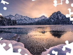 trees, Almsee Lake, Sunrise, Mountains, winter, viewes, Austria