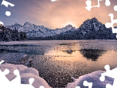 trees, Almsee Lake, Sunrise, Mountains, winter, viewes, Austria