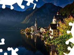 Night, Hallstatt, Hallstattersee Lake, viewes, Houses, Austria, Mountains, morning, trees, Church