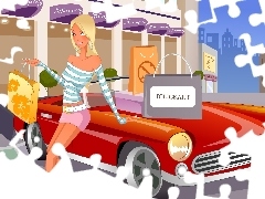 Blonde, graphics, Automobile, shopping, Red, Houses