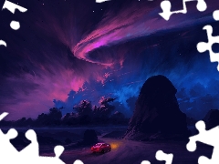 clouds, graphics, Way, Automobile, rocks, aurora polaris