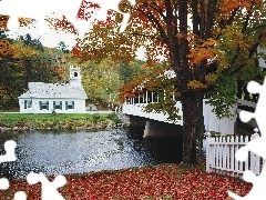 Church, River, autumn, bridge