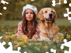 Golden Retriever, girl, autumn, Leaf, Meadow, dog