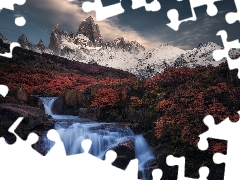 reflection, Argentina, Fitz Roy Mountain, Andes Mountains, waterfall, autumn, VEGETATION, puddle, Patagonia, Coloured, River