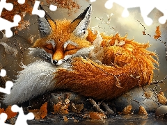 Fox, graphics, Leaf, Autumn, ginger, sleepy