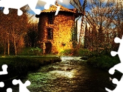 Windmill, River, autumn, water